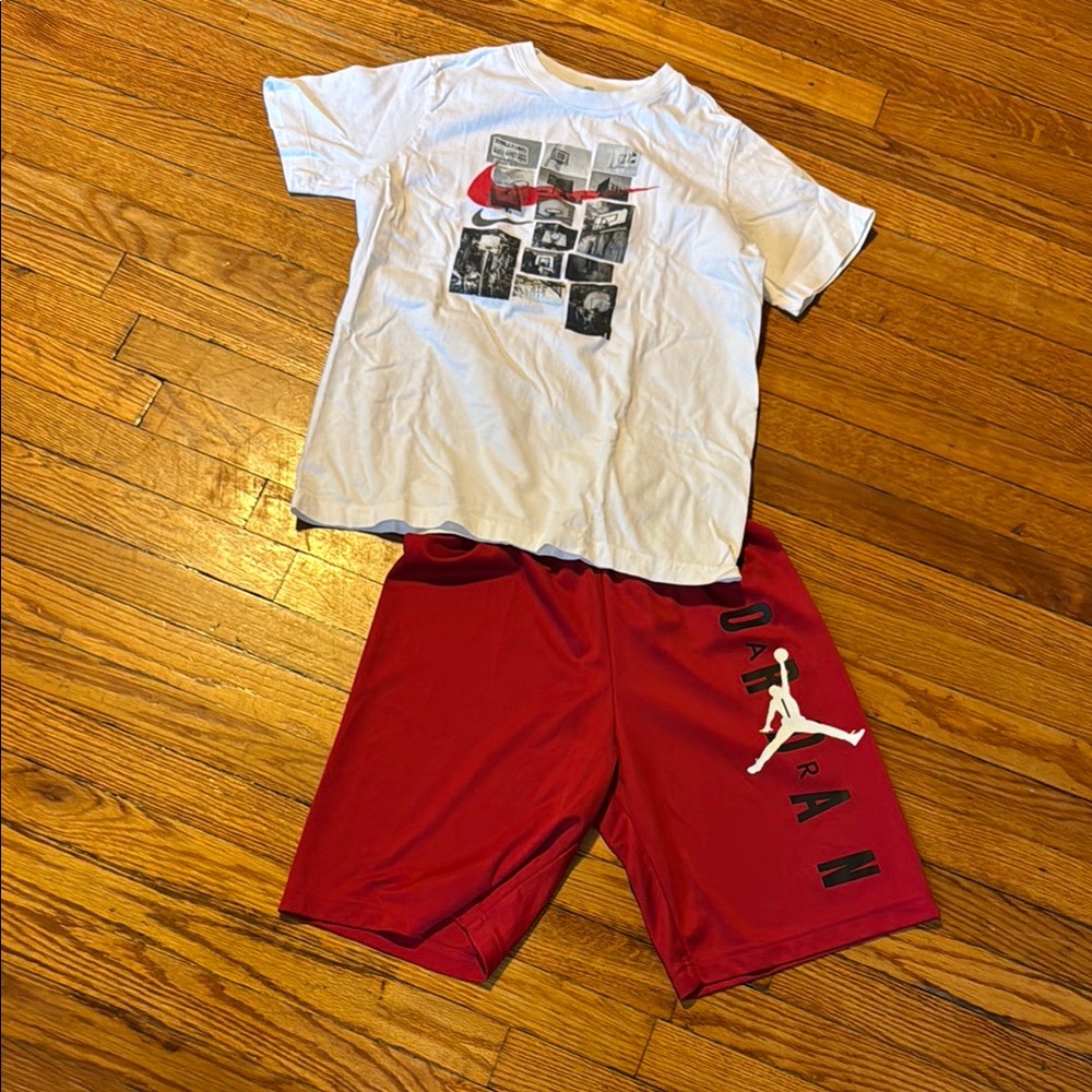 Nike youth White Tee with Red Jordan Shorts set
